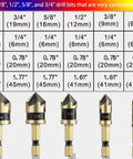 Five Piece Countersink Drill Bit Set For Metal With M2 Cobalt Bits, showing various bit sizes and specifications chart.
