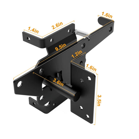 Heavy Duty 304 Stainless Steel Self Locking Gate Latch Hardware Two Sets With Top Notch Frosted Black Finish Rust Proof, detailed view with dimensions.