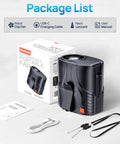 Portable Waist And Neck Fan With A 14000 RPM Brushless Motor, box, USB-C cable, neck lanyard, clip, and manual displayed
