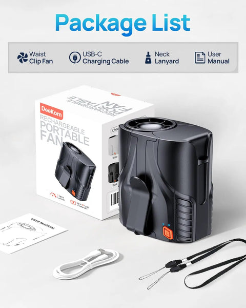 Portable Waist And Neck Fan With A 14000 RPM Brushless Motor, box, USB-C cable, neck lanyard, clip, and manual displayed