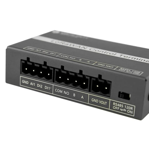 Long Range IoT Node With US 915MHz, RS485 Modbus RTU And Relay Controller, edge logic hub close-up, terminal connectors view