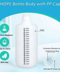 Two 32 Ounce Narrow Mouth HDPE Plastic Bottles With Caps Lab Grade Graduated Reagent And Sample Storage Containers For Medicine Water Storage Built Tough For DIY Chem Projects Translucent, graduated bottle with PP cap