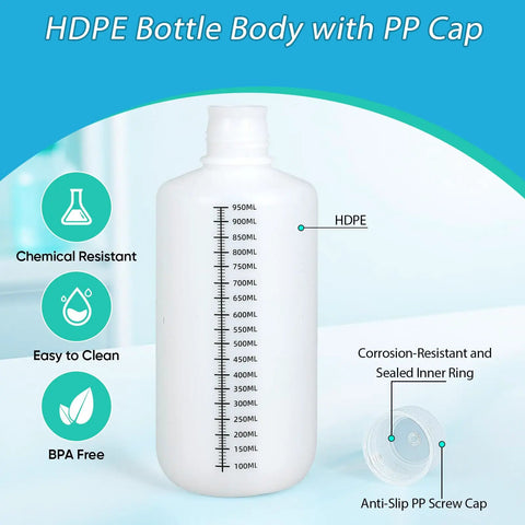 Two 32 Ounce Narrow Mouth HDPE Plastic Bottles With Caps Lab Grade Graduated Reagent And Sample Storage Containers For Medicine Water Storage Built Tough For DIY Chem Projects Translucent, graduated bottle with PP cap