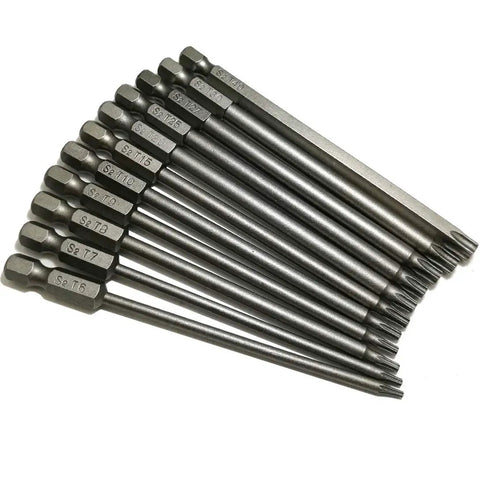 Long Torx Security Driver Bit Set One Quarter Inch Hex Shank 100mm Length T6 Through T40 11 Piece S2 Steel Torx Bits For Drill And Driver Pro Grade Great For Pros And Enthusiasts