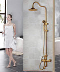 Heavy Duty Solid Brass Shower System Featuring Eight Inch Rainfall Head And Detachable Handheld Sprayer Lead Free Wall Mounted Bath Faucet Rock Solid Build in modern bathroom setting.