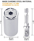Self Adjusting Universal Socket Tool Set With Power Drill Adapter 7 To 19 mm Grip Socket Kit, chrome steel material, dimensions shown