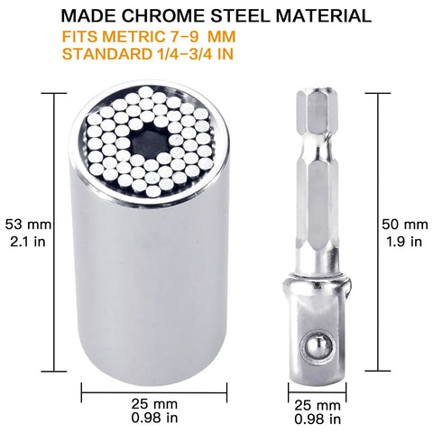 Self Adjusting Universal Socket Tool Set With Power Drill Adapter 7 To 19 mm Grip Socket Kit, chrome steel material, dimensions shown
