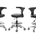 Three black Rolling Stool Task Chairs With Wheels And Backrest, showing footrests and 360-degree swivel armrests, side view.