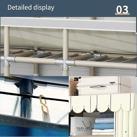 Detailed display of three heavy duty hanging rods in the spacious metal wardrobe closet.