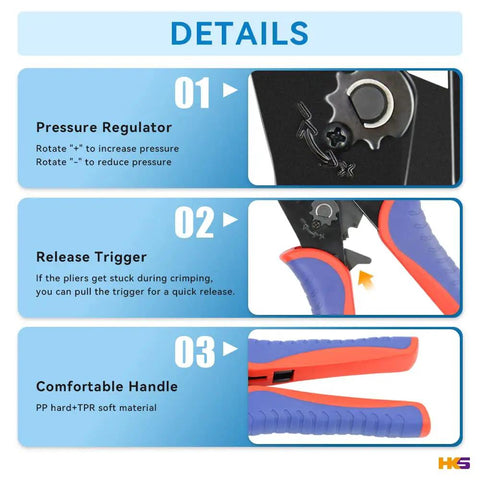 Coax Ratchet Crimping Tool Set With 5 Interchangeable Dies features pressure regulator, release trigger, ergonomic handle demo