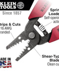 Close-up of compact wire stripper and cutter for 8-16 AWG stranded wires, lightweight yet built tough with hardened steel, USA-made.