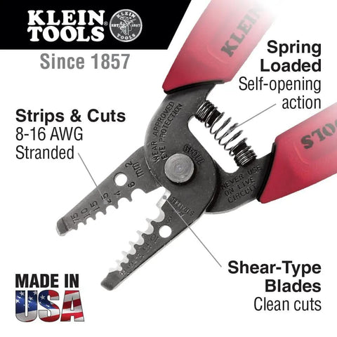 Close-up of compact wire stripper and cutter for 8-16 AWG stranded wires, lightweight yet built tough with hardened steel, USA-made.