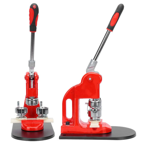 Premium Metal Badge Machine Button Maker For Custom DIY Gifts And Crafts Easy Assembly With Durable Aluminum Frame showing red manual press machine.