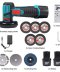 3 Inch Mini Cordless Angle Grinder With Brushless Motor Delivers 19500 RPM For Quick Metal Polishing And Wood Cutting 12V Power Cut Off Tool Includes 2 Batteries And 8 Cutting Wheels Beast Portable Blue with accessories displayed