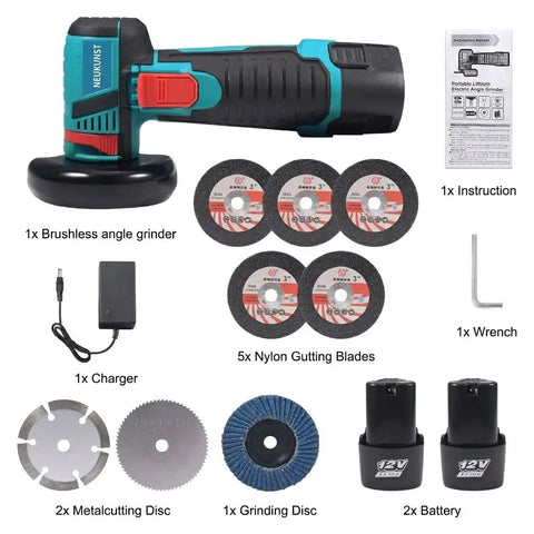3 Inch Mini Cordless Angle Grinder With Brushless Motor Delivers 19500 RPM For Quick Metal Polishing And Wood Cutting 12V Power Cut Off Tool Includes 2 Batteries And 8 Cutting Wheels Beast Portable Blue with accessories displayed