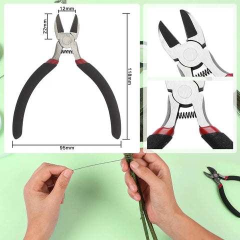 DIY Floral Arrangement Kit With Green Floral Tape And Floral Wire, Wire Cutter Tools showcasing tool dimensions and usage.