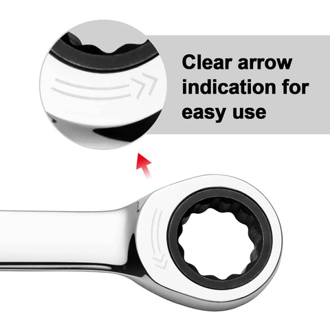 Close-up of a Heavy Duty 16mm Ratchet Wrench With 72 Tooth Mechanism, 12 Point Box End For Precise Torque, highlighting clear arrow indicator.
