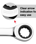 Close-up of 22mm 12 Point Ratcheting Wrench With 72 Tooth Fine Mechanic Grade Cr V Steel Drop Forged Chrome Finish showing arrow indicator.