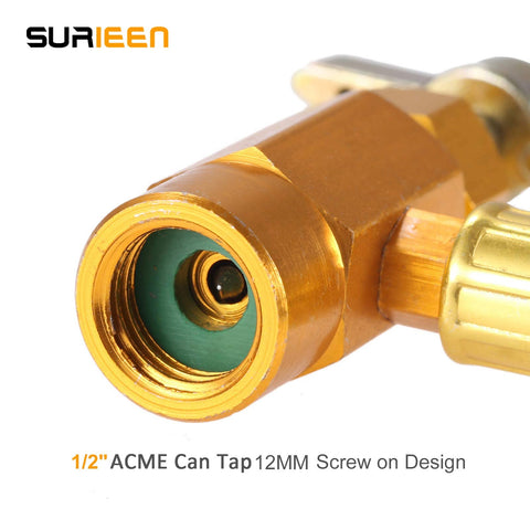 Close-up of 1/2 inch ACME can tap valve from Diy Friendly AC Refrigerant Recharge Hose Kit With Gauge For R134A R22 R12