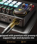 Close-up of 10 Channel Podcast Mixer And Audio Interface With Pro Preamps, 48V Phantom Power, Bluetooth, mic port and knob.