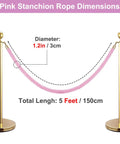 Two Pack Velvet Stanchion Rope Pink With Gold Hooks, Five Foot Party Barrier For VIP Events, Red Carpet Setup, dimensions shown.