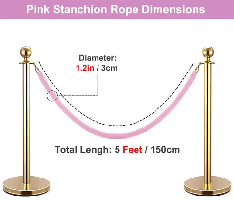 Two Pack Velvet Stanchion Rope Pink With Gold Hooks, Five Foot Party Barrier For VIP Events, Red Carpet Setup, dimensions shown.
