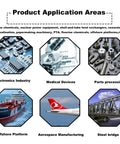 Product Application Areas highlighting Electronics, Medical Devices, Parts Processing, Offshore, Aerospace, and Steel Bridge.