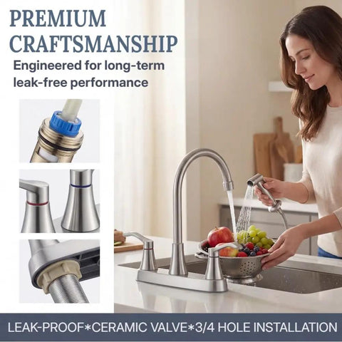 Brushed Nickel Kitchen Faucet With Sprayer And Side Sprayer 3 Hole RV Utility Touch Faucet in use in modern kitchen
