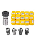 Heavy Duty ER11 Collet Block Chuck With Spindle Motor Shaft Extension Rod For CNC Tooling Set with multiple collets and sizes.