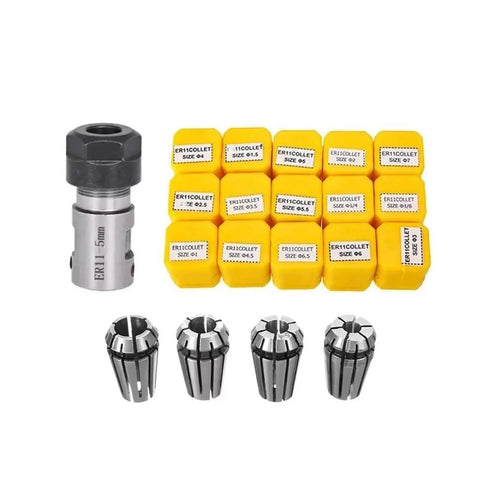 Heavy Duty ER11 Collet Block Chuck With Spindle Motor Shaft Extension Rod For CNC Tooling Set with multiple collets and sizes.
