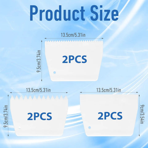 Six Piece Plastic Notched Glue Spreader Kit With Half And One Inch Teeth For Epoxy Resin Putty Hardwood Flooring Smooth Glide Design Reusable Spreaders dimensions displayed on blue background.
