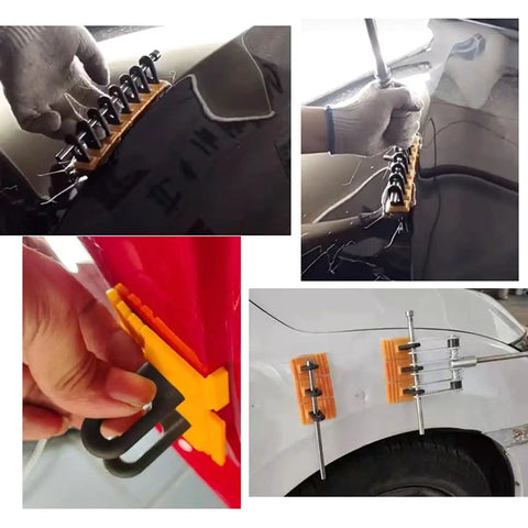 Ultimate Dent Repair Kit For Cars And Motorcycles With Yellow Slider Set And Black Slider in use on car body