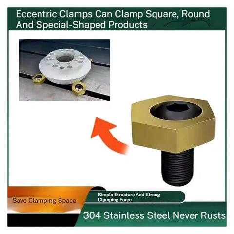Hexagonal Eccentric Fixture Clamps Set Stainless Steel Workholding Clamps With Nuts For Thread M4 to M16 shown with CNC base