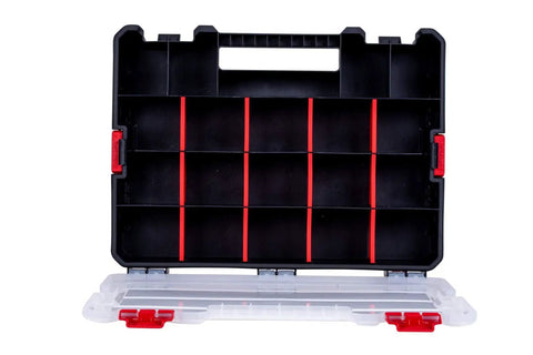 Open view of 2-Pack Stackable Small Parts Organizer Boxes With 20 Compartments And 12 Removable Dividers Per Box For Screw Nut Bolt Drill Bit Storage Ideal Garage Workshop Or DIY Crafts Storage