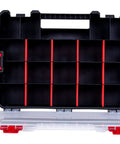 Open large box from 7 Pack Organizer Set With Removable Dividers And Multi Size Storage Boxes, showing compartments and red dividers.
