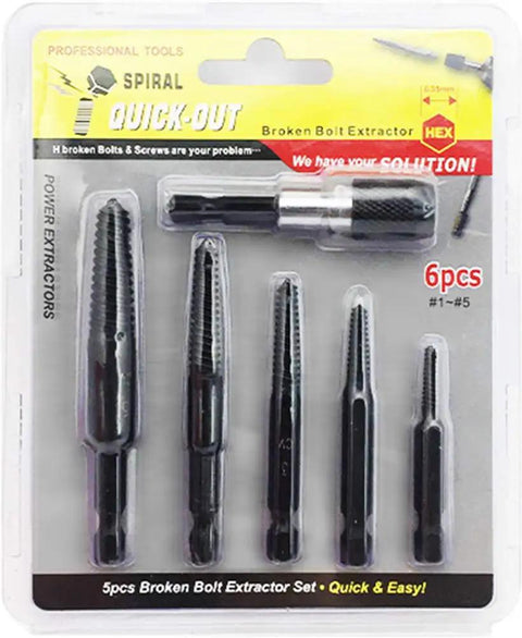 Six Piece Damaged Screw Extractor Set With One Quarter Inch Quick Change Arbors For Stripped Screws Nuts And Bolts in packaging