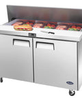 Heavy Duty 48 Inch Sandwich And Salad Prep Table Refrigerator With Stainless Steel Chassis 13.4 Cubic Foot Storage with toppings.