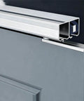 Beefy Heavy Duty Sliding Barn Door Hardware Track Kit For Exterior And Interior Use, visible aluminum rail and hanger on door