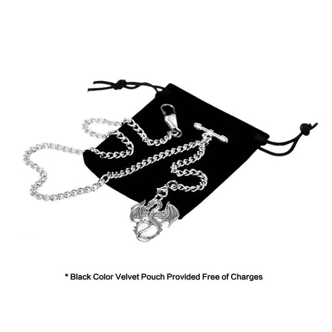 Mens Albert Chain Pocket Watch Curb Link Key Chain With Dragon Pendant And T Bar Fob Vintage Silver Tone on black pouch