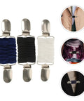 No Sweat Adjustable Spring Loaded Back Cincher Clips For Women in blue, black, and white; heavy-duty alloy fabric fasteners
