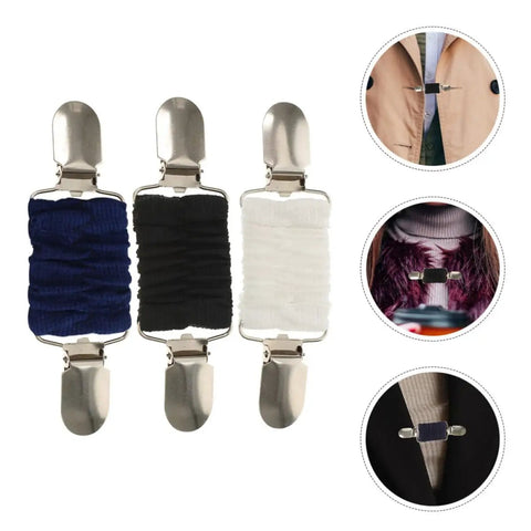 No Sweat Adjustable Spring Loaded Back Cincher Clips For Women in blue, black, and white; heavy-duty alloy fabric fasteners