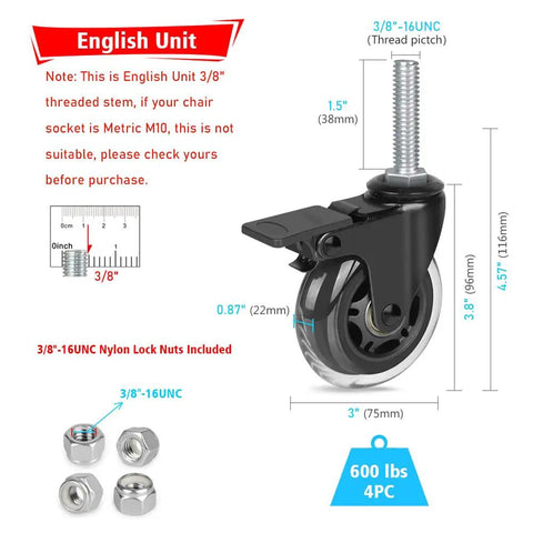 Top Tier 3 Inch Lockable Swivel Casters With Dead Silent Non Marking Rollers And 3/8 16 Threaded Stem Plus 1.5 Inch Stud dimensions illustration.