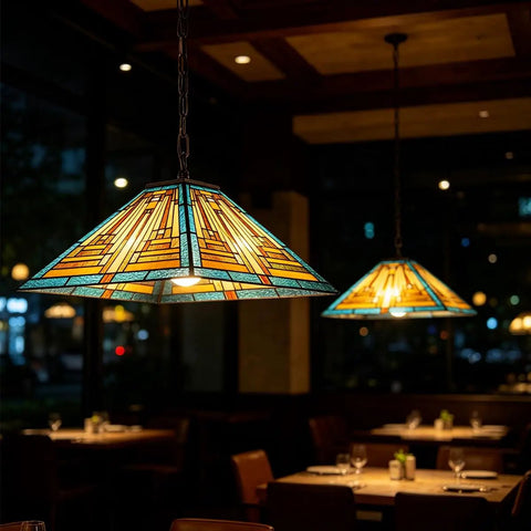 Green 16 Inch Tiffany Style Pendant Light Fixture With Two Lights, Mission Stained Glass Hanging Lamp in a dining room