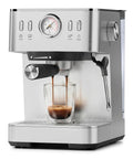 Compact Espresso Machine With 20 Bar Pressure And Digital Temp Display Built In Milk Frother For Killer Morning Shots and  glass cup of espresso brewing.