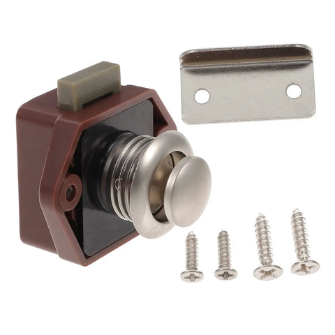 Keyless Push Button Door Latch Lock For Rv Cabinets And Drawers Low Profile Build Heavy Duty Zinc Alloy Hardware with screws.