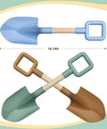 Three Kids Garden Tool Shovel Set 16 Inch Avocado Beach Spades with wood handles and colored heads, displayed with dimensions.