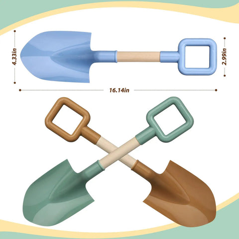 Three Kids Garden Tool Shovel Set 16 Inch Avocado Beach Spades with wood handles and colored heads, displayed with dimensions.