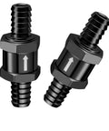 Front view: two EVIL ENERGY inline fuel check valves, 3/8 inch barbed fittings, black metal, 2-pack