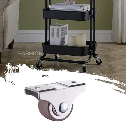 Four Piece One Inch Directional Caster Wheels Equipped With Quiet Rubber Treads And Precision Ball Bearings on a furniture cart.