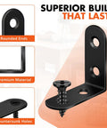 18 Pack Black L Bracket Corner Braces Set With 72 Screws Durable 90 Degree Metal Right Angle Brackets For Shelves Furniture Cabinets Drawers Stainless Steel Rustproof Indoor Outdoor Use with closeup of rounded ends and countersunk holes.